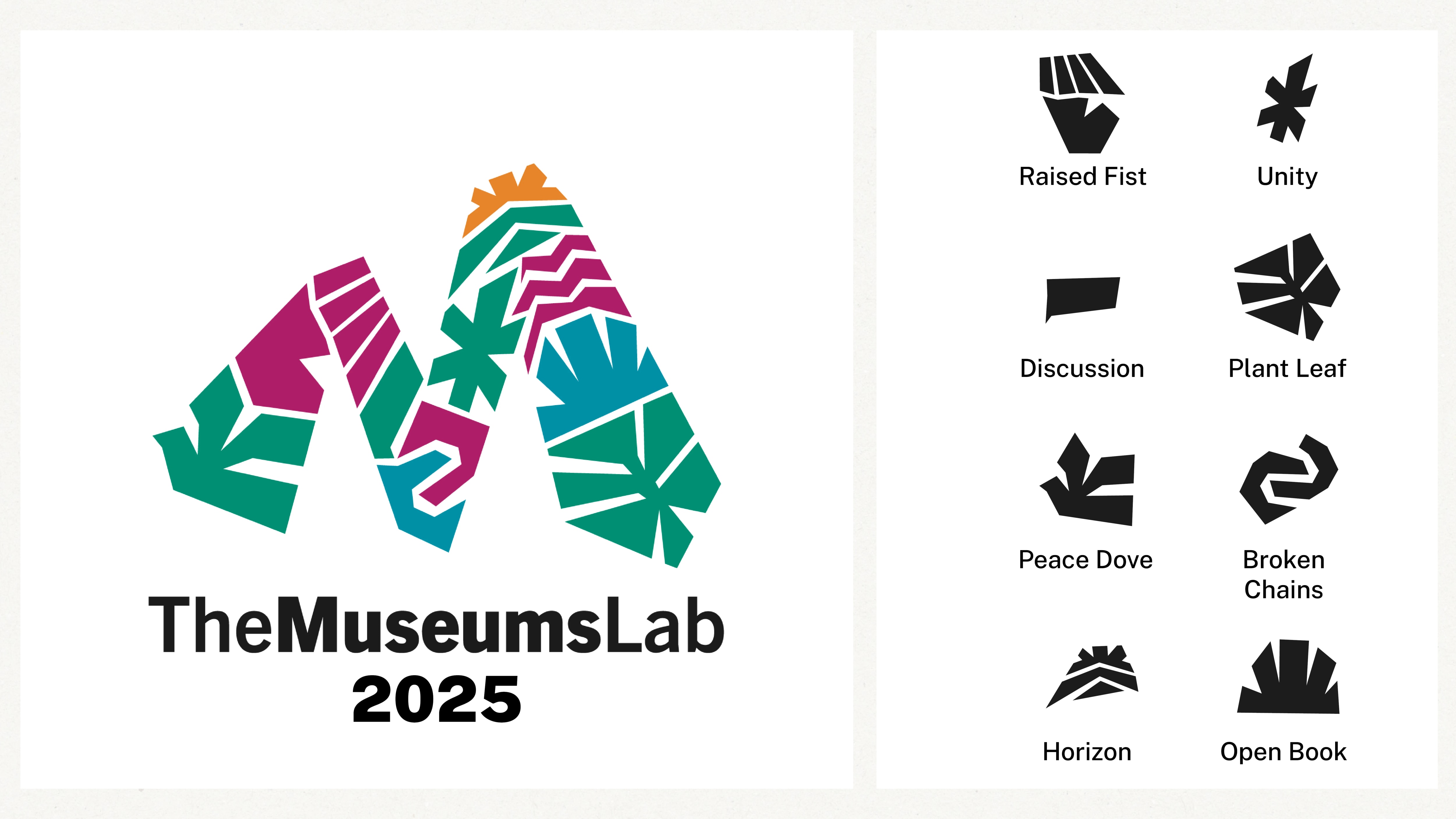 logo and logo components: Raised Fist, Unity, Peace Dove, Broken Chains, Plant Leaf, Horizon, Discussion, Open Book