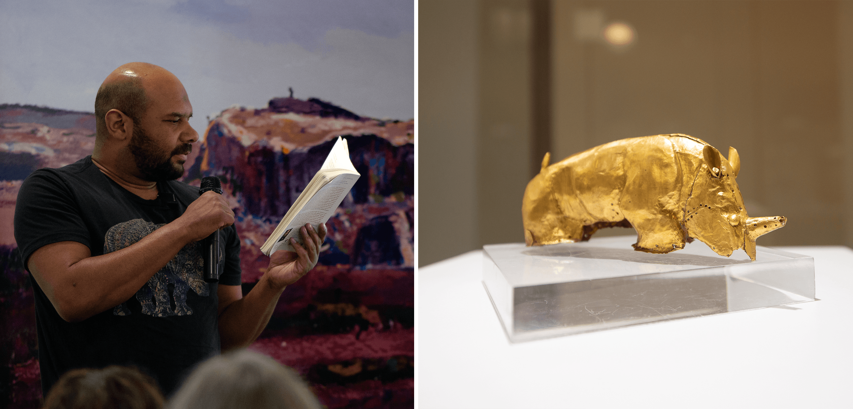 Brandon Kilbourne reading poetry & Mapungubwe gold rhino | © Michelle van Aswegen